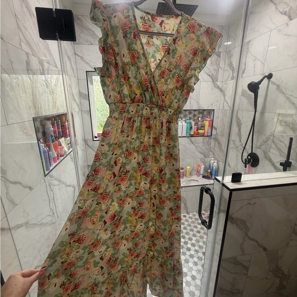 SHEIN Green Maxi Dress with Red Rose Print